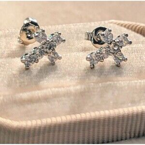 14K White Gold Plated Cubic Zirconia Micro-Stud Cross Earrings
